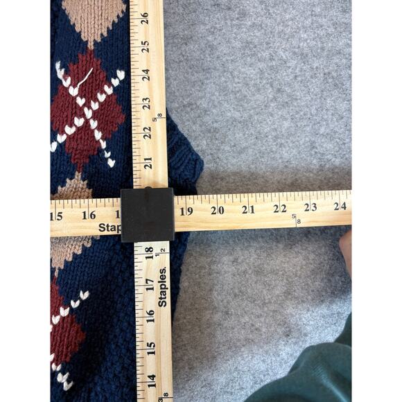 Vintage 90s Argyle Vest Sweater Womens Medium Navy Knit Button Up Preppy Retro - Picture 3 of 4